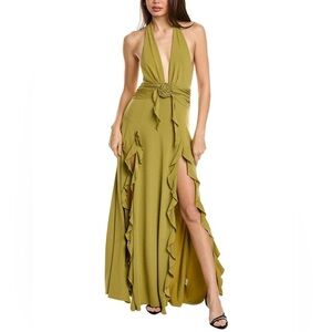 WE WORE WHAT HALTER RUFFLE MAXI DRESS GREEN